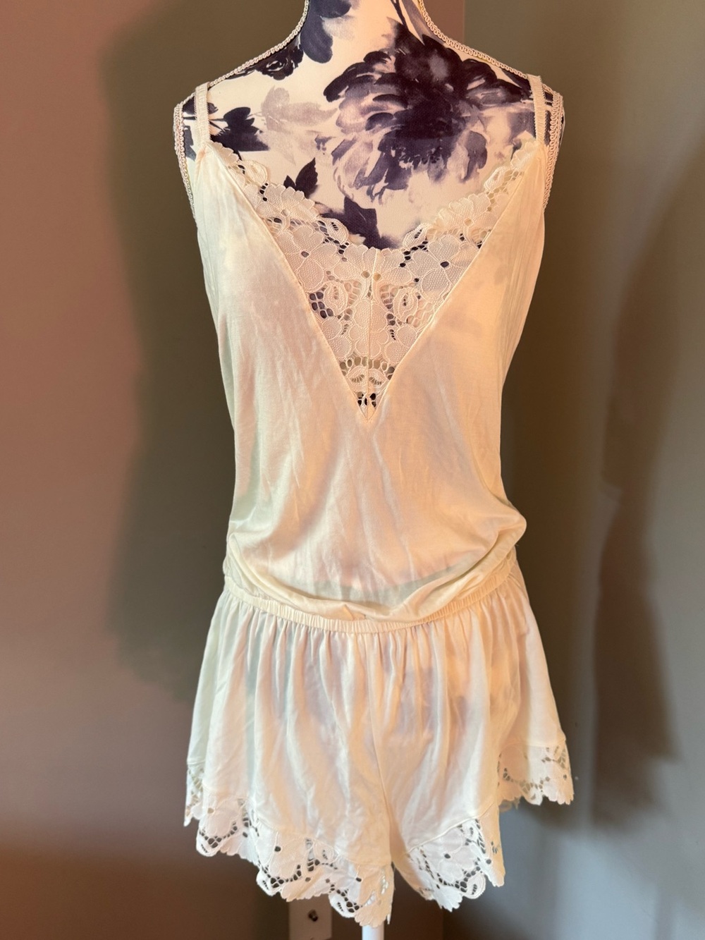 Eberjey Cream Lace-Trim Romper